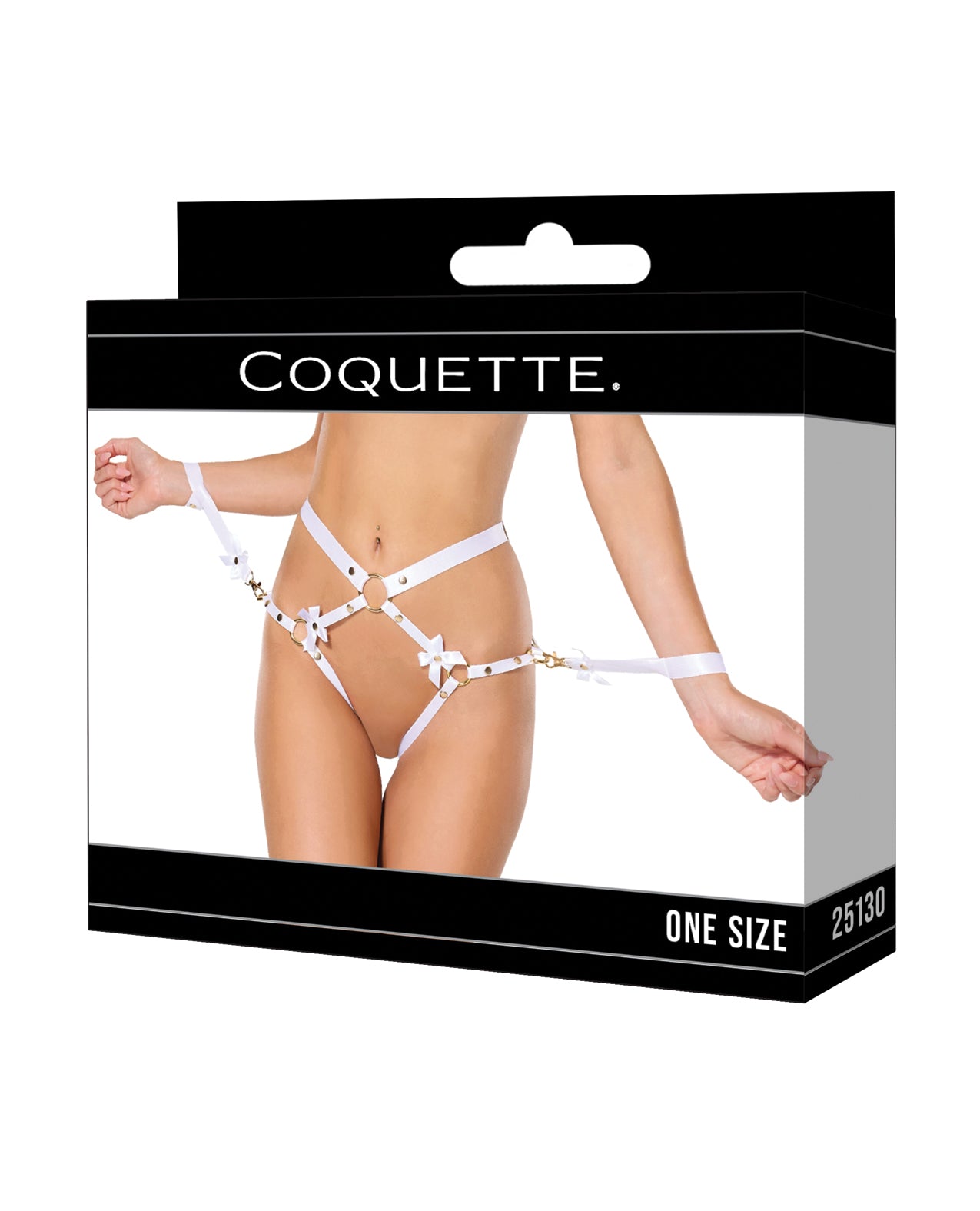 Satin Ribbon w/Elastic Harness & Cuffs Set - White/Gold O/S