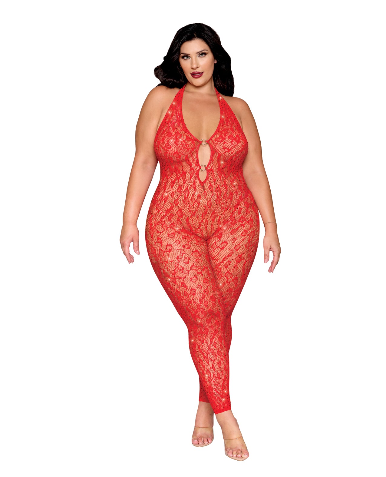 Leopard Pattern Seamless Bodystocking w/Gold Details - Red QN