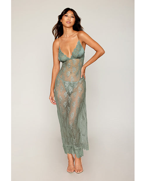 Eyelash Lace & Satin Long Chemise w/G-String - Sage Green LG