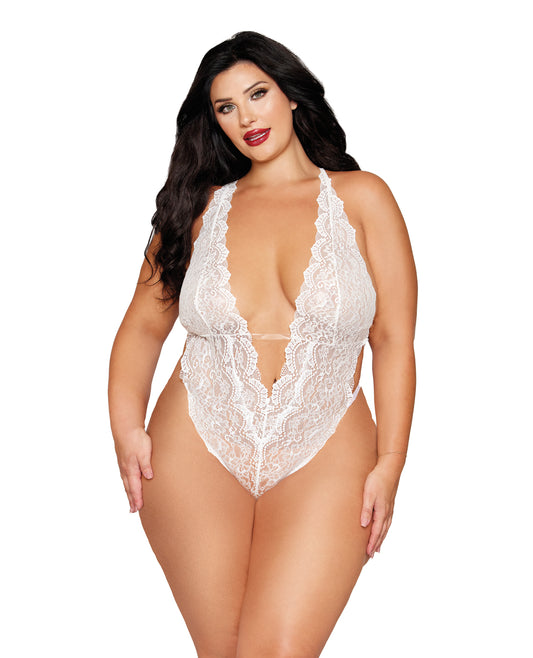 Stretch Lace Teddy w/Removable Pearl Harness - White QN