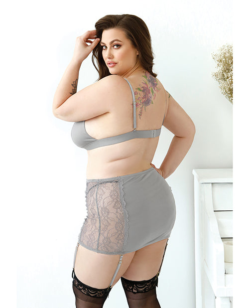 Curve Layne Lace & Microfiber Bralette w/Garter Skirt & G-String Gray 3X/4X