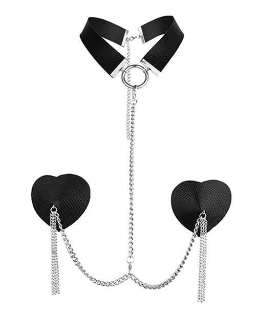 Nipplicious Dominatrix Leather Collar & Pasties w/Chain - Black