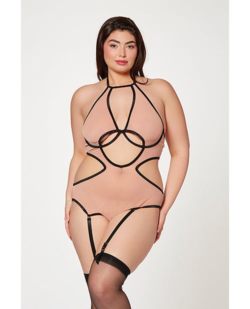 Mesh Cut Out Halter Teddy Nude/Black QN